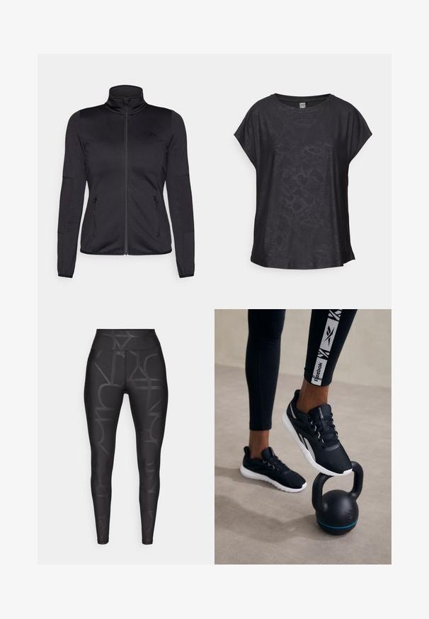 Čierna zipsová bunda s vysokým golierom, vyrobená z hladkého, elastického materiálu, so zipsovými prednými vreckami a štruktúrovanými rukávmi.; Čierne tričko s krátkymi rukávmi vyrobené z hladkej tkaniny, so subtílnym hadím vzorom, okrúhlym výstrihom a voľným strihom pre pohodlný pohyb.; Čierne legíny s jemným geometrickým vzorom, vysokým pásom a hladkou, pružnou textúrou pre pohodlie a pohyb.; Čierne športové topánky s textúrovaným povrchom, bielou podrážkou a šedými akcentmi, umiestnené na čiernej kettlebell s modrým pruhom, na neutrálnom pozadí.