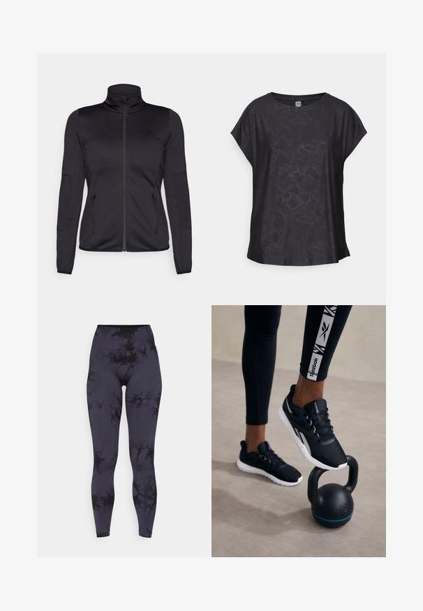 Juoda zip-up striukė su aukštu apykakle, pagaminta iš lygaus, elastingo audinio, turinti dvi užtrauktukais uždaromas priekinės kišenes ir tekstūruotas rankoves.; Juodas trumpas rankovėmis viršus, pagamintas iš sklandžios medžiagos, su subtiliu roplio raštu, apvaliu kaklu ir plačiu kirpimu, leidžiančiu laisvai judėti.; Aukštos juosmens leggingai, pagaminti iš tamprios medžiagos, su juodos ir tamsiai pilkos spalvų piešiniu, turinčiu lygią tekstūrą ir kulkšnių ilgio kirpimą.; Juodi sportiniai bateliai su tekstūruotu viršumi, balta padas ir pilkų akcentų, padėti ant juodo ketlebelo su mėlynu dryžiu, prieš neutralų foną.