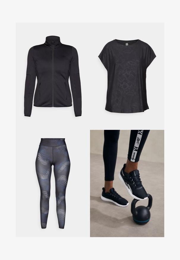 Fekete cipzáras dzseki magas gallérral, sima, rugalmas anyagból készült, elöl két cipzáras zsebbel és texturált ujakkal.; Fekete, rövid ujjas póló sima anyagból, diszkrét hüllőmintával, kerek nyakkal és laza fazonnal a kényelmes mozgás érdekében.; Fekete leggings hullámos kék és szürke mintával, magas derékkal, sima textúrával és karcsúsított fazonnal, amely aktív viseletre lett tervezve.; Fekete sportcipők, textúrával ellátott felsőrésszel, fehér talppal és szürke akcentusokkal, egy fekete kettlebellre helyezve, kék csíkkal, semleges háttér előtt.