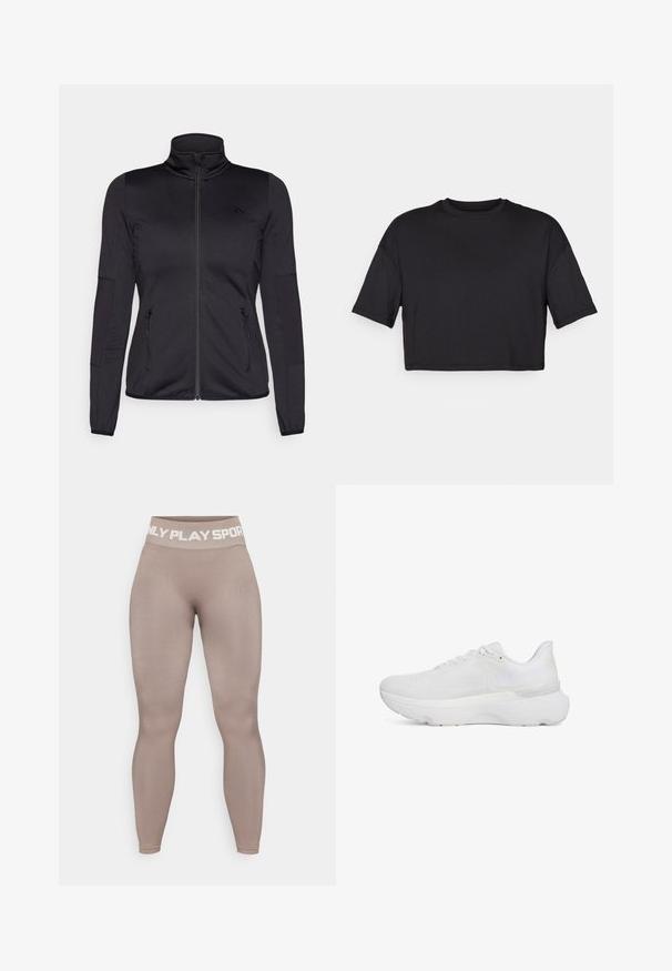 Black zip-up jacket with a high collar, constructed from smooth, stretchy fabric, featuring two zippered front pockets and textured sleeves.; Black cropped t-shirt made of soft fabric, featuring a round neckline and short, wide sleeves, with a simple, seamless design.; High-waisted, tan leggings made of stretch fabric with a smooth texture; features white lettering on the waistband reading "ONLY PLAY SPORT."; White athletic shoe featuring a textured mesh upper, padded collar, cushioned sole, and minimalistic design with tonal accents.