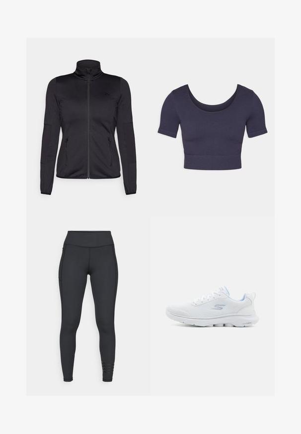 Veste noire zippée avec un col haut, fabriquée à partir d'un tissu lisse et extensible, dotée de deux poches avant zippées et de manches texturées.; Top court marine à manches courtes, en tissu côtelé. Présente un col rond et une coupe ajustée.; Leggings noirs en matière extensible, dotés d'une taille haute, d'un design élégant et de détails rayés près de la cheville.; Baskets blanches avec une tige en mesh respirant, accents bleu clair et une semelle rembourrée dotée d'un motif de grip texturé.