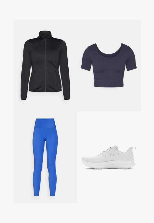 Giacca zip-up nera con colletto alto, realizzata in un tessuto liscio e elasticizzato, dotata di due tasche frontali con zip e maniche strutturate.; Top corto navy con maniche corte, realizzato in tessuto a costine. Presenta un collo rotondo e un design aderente.; Leggings blu a vita alta realizzati in tessuto elastico, caratterizzati da una texture liscia e un design aerodinamico, adatti per l'abbigliamento sportivo.; Scarpe sportive grigio chiaro con tomaia testurizzata, perforazioni per la traspirazione e suola in gomma con un motivo di battistrada distintivo.