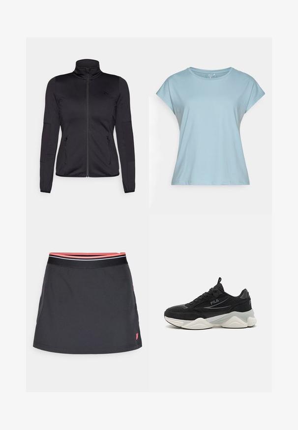 Fekete cipzáras dzseki magas gallérral, sima, rugalmas anyagból készült, elöl két cipzáras zsebbel és texturált ujakkal.; Világoskék, rövid ujjú póló, puha anyagból készült. Kerek nyakkivágással, laza szabással és varrott szegélyekkel rendelkezik. Minták vagy díszítések nélkül.; Fekete szoknya, illeszkedő derékkal, rózsaszín és fehér csíkokkal. Könnyű anyagból készült, finom fényű és enyhe A-vonalú fazonnal.; Fekete sportcipők hálós és velúr anyagból, vastag talppal, kerek formával, diszkrét szürke részletekkel és logóval az oldalon.