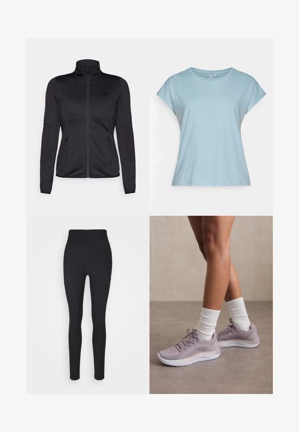 Črna jakna na zadrgo z visokim ovratnikom, izdelana iz gladkega, raztegljivega materiala, z dvema sprednjima žepoma na zadrgo in teksturiranimi rokavi.; Svjetloplavi majica kratkih rukava izrađena od mekog materijala. Ima okrugli izrez, opušteni kroj i šavovane rubove. Nema uzoraka ni ukrasa.; Črne legice iz raztegljivega materiala, z visokim pasom, rebrastimi paneli ob straneh in prilegajočim dizajnom, ki se zoži pri gležnjih.; Svetlo vijolični športni čevlji z teksturiranim pletenim zgornjim delom, okrašeni z belim srednjim delom in usklajenimi belimi rebrastimi nogavicami.