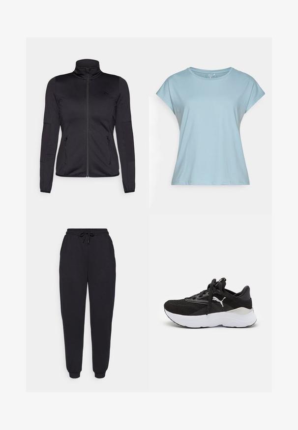 Zwarte zip-up jas met hoge kraag, gemaakt van een gladde, rekbare stof, met twee met rits gesloten voorzakken en gestructureerde mouwen.; Lichtblauwe t-shirt met korte mouwen, gemaakt van zachte stof. Heeft een ronde halslijn, een relaxte pasvorm en gestikte zomen. Geen patronen of versieringen.; Zwarte katoenen joggingbroek met een elastische tailleband, verstelbare trekkoord, zijzakken en geribbelde boorden. Gladde textuur, casual ontwerp.; Zwarte sport sneaker met een mesh bovenwerk, witte middenzool, ronde neus en vetersluiting. Kenmerkt zich door een opvallend logo op de zijkant en getextureerde accenten.