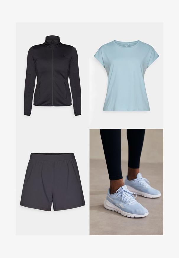 Sort zip-jakke med høj krave, fremstillet af glat, strækbart stof, med to lynlåslommer foran og strukturerede ærmer.; Lyseblå kortærmet t-shirt lavet af blødt stof. Har en rund halsudskæring, afslappet pasform og syede kanter. Ingen mønstre eller udsmykninger.; Sorte atletiske shorts lavet af let, strækbart stof. Har en elastisk talje og et enkelt, udekoreret design.; Lyseblå sportsko med mesh-stof, polstret krave og hvid sål. Har snørebånd og sidestriber i en kontrasterende hvid.
