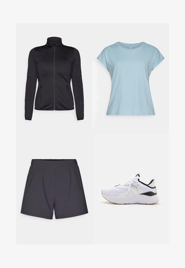 Chaqueta negra con cremallera y cuello alto, confeccionada en un tejido liso y elástico, que cuenta con dos bolsillos delanteros con cremallera y mangas con textura.; Camiseta de manga corta de color azul claro hecha de una tela suave. Cuenta con un cuello redondo, un corte holgado y dobladillos cosidos. Sin patrones ni adornos.; Pantalones cortos deportivos negros hechos de un tejido ligero y elástico. Presentan una cinturilla elástica y un diseño simple y sin adornos.; Zapatilla deportiva blanca con parte superior de malla, acentos negros y una suela de goma gruesa. Cuenta con cordones tradicionales y áreas texturizadas para mayor soporte.