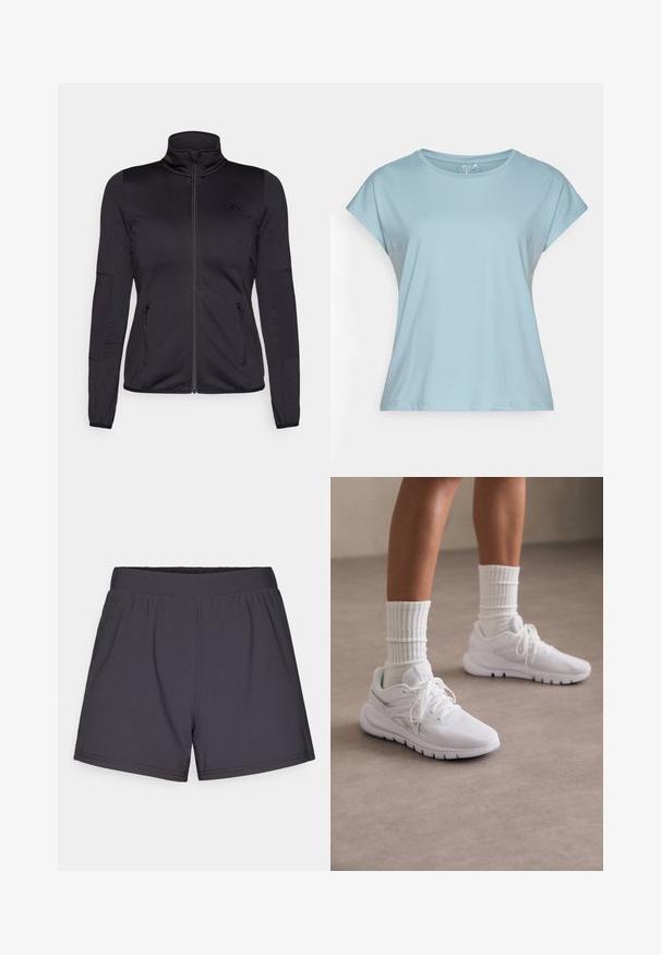 Juoda zip-up striukė su aukštu apykakle, pagaminta iš lygaus, elastingo audinio, turinti dvi užtrauktukais uždaromas priekinės kišenes ir tekstūruotas rankoves.; Šviesiai mėlynas trumpomis rankovėmis marškinėliai, pagaminti iš minkštos medžiagos. Turi apvalų iškirpimą, laisvą siluetą ir užsiūtas kraštus. Nėra raštų ar puošmenų.; Juodi sportiniai šortai, pagaminti iš lengvos, elastingos medžiagos. Dėl elastingos juostos ir paprasto, nepuošto dizaino.; Baltos sportinės bateliai su tekstūruota medžiaga, raišteliais ir sidabro akcentais, derinami su baltomis kantinėmis kojinėmis, pastatytos ant neutralaus grindų paviršiaus.