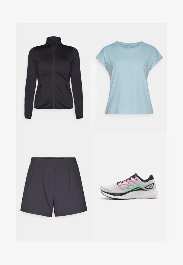 Svart zip-up jakke med høy krage, laget av glatt, elastisk stoff, med to glidelås-lommer foran og teksturerte ermer.; Lyseblå t-skjorte med korte ermer laget av mykt stoff. Har rund hals, avslappet passform og sømmer. Ingen mønstre eller dekorasjoner.; Svarte idrettsshorts laget av lett, elastisk stoff. Har en elastisk midje og et enkelt, uornamentert design.; Lettvekts løpesko med en grå overdel, rosa og grønne detaljer, og en tykk hvit såle med teksturerte mønstre, merket "Fresh Foam."