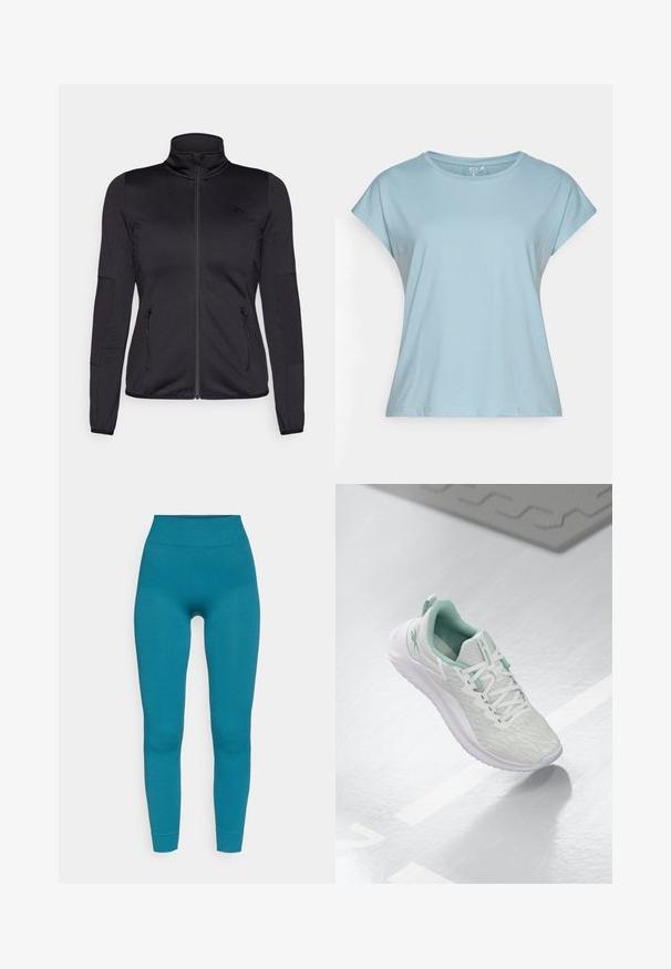 Fekete cipzáras dzseki magas gallérral, sima, rugalmas anyagból készült, elöl két cipzáras zsebbel és texturált ujakkal.; Világoskék, rövid ujjú póló, puha anyagból készült. Kerek nyakkivágással, laza szabással és varrott szegélyekkel rendelkezik. Minták vagy díszítések nélkül.; Tengerkék bordázott leggings, magas derékkal, testhezálló fazonban és rugalmas anyagból készült. Nincsenek látható minták vagy további díszítések.; Világosszürke sportcipő, texturált kötött felső réteggel, menta zöld kiegészítőkkel, fehér fűzőkkel, gumitalppal és húzófüllel a saroknál.