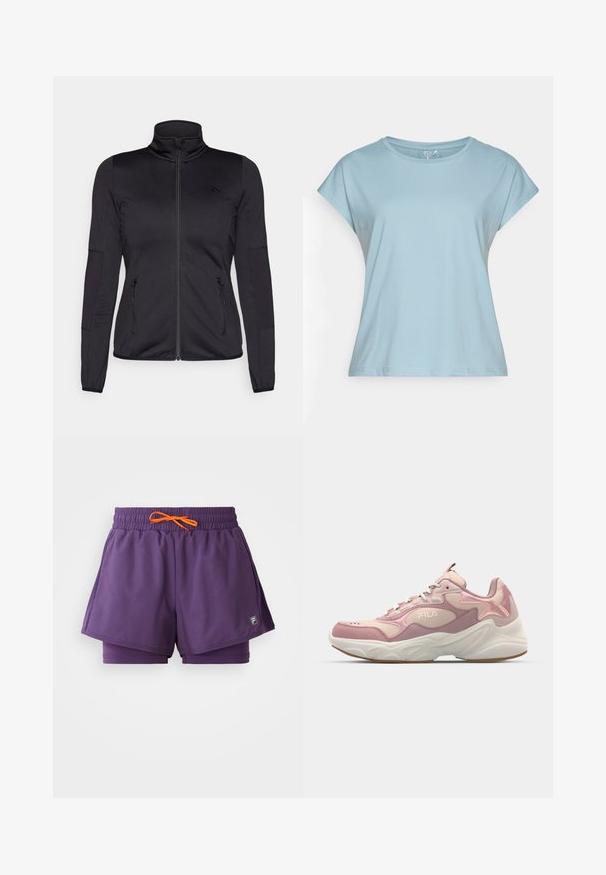 Jaqueta preta com fecho éclair e gola alta, feita de um tecido liso e elástico, apresentando dois bolsos frontais com fecho éclair e mangas texturizadas.; T-shirt de manga curta azul claro, feito de tecido macio. Apresenta um decote redondo, corte descontraído e costuras nos acabamentos. Sem padrões nem adornos.; Calças de treino roxas com um cós elástico, cordão laranja e forro interno. Textura suave, com um logótipo na lateral.; Fila COLLENE - Sapatilhas - pale mauve/mauve chalk
