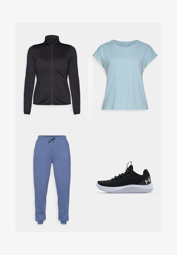 Melns zip-up jakas ar augstu apkakli, izgatavota no gludas, elastīgas auduma, ar divām kabatām priekšpusē ar rāvējslēdzējiem un teksturētām piedurknēm.; Gaiši zila īsām piedurknēm T-kreklā, kas izgatavots no mīksta auduma. Iezīmē apļveida kakla izgriezumu, brīvu piegriezumu un nostiprinātas maliņas. Nav rakstu vai dekorācijām.; ONLY Play ONPLOUNGE LIFE REG NOOS - Treniņtērpa apakšdaļas - vintage indigo; Melnas sporta kurpes ar elpojošu acs augšdaļu, teksturētu detaļu un baltu gumijas zoli. Aprīkotas ar plakanām šņorēm un papēža cilpu.