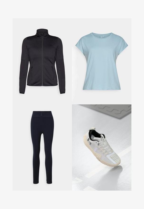 Svart zip-up jakke med høy krage, laget av glatt, elastisk stoff, med to glidelås-lommer foran og teksturerte ermer.; Lyseblå t-skjorte med korte ermer laget av mykt stoff. Har rund hals, avslappet passform og sømmer. Ingen mønstre eller dekorasjoner.; Yogasearcher NALA - Tights - navy; Hvit sportsko med en teksturert mesh-overdel, svart innside, og en beige gummisåle med mønstret grep. Utsmykket med subtile detaljer.