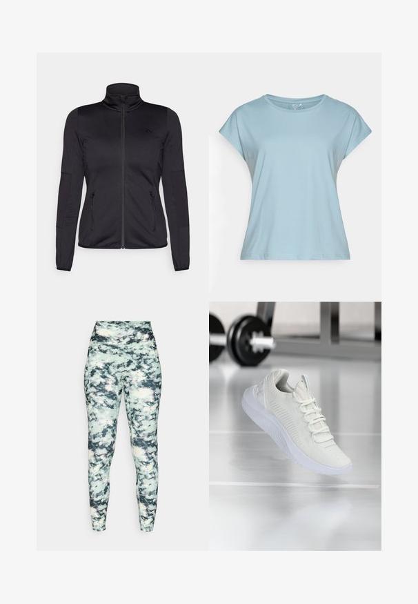 Svart zip-up jakke med høy krage, laget av glatt, elastisk stoff, med to glidelås-lommer foran og teksturerte ermer.; Lyseblå t-skjorte med korte ermer laget av mykt stoff. Har rund hals, avslappet passform og sømmer. Ingen mønstre eller dekorasjoner.; Høytlivs leggings med et flerfarget marmor mønster; har en glatt tekstur og en tettsittende silhuett for strømlinjeformet støtte.; Hvit atletisk sneaker med et teksturert mesh-overdel og snøring, med en polstret hvit såle og subtile ribbede detaljer.
