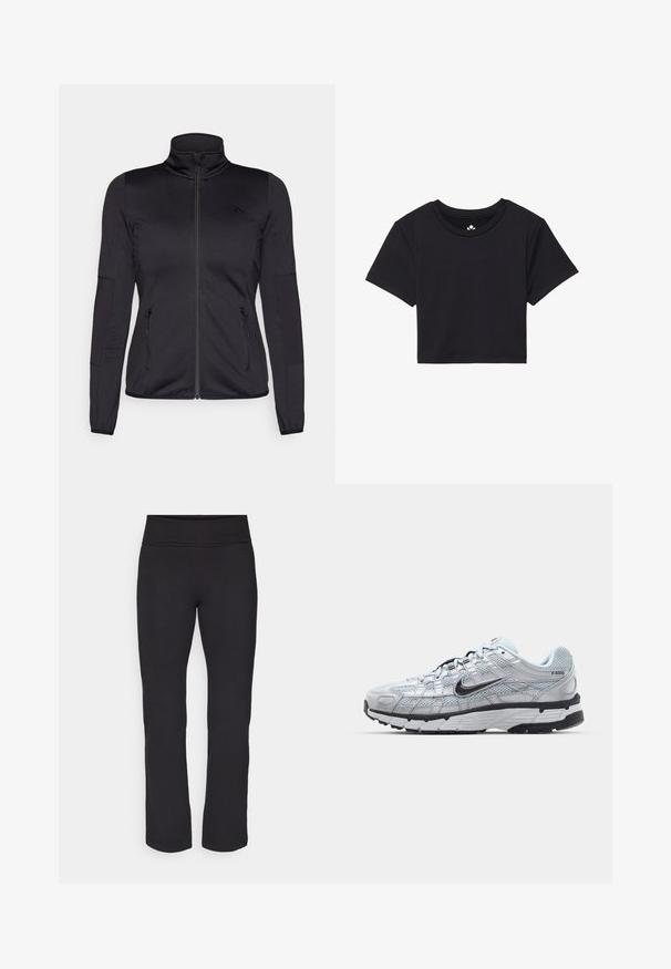 Schwarze Zip-Jacke mit hohem Kragen, gefertigt aus glattem, dehnbarem Material, mit zwei vorderen Reißverschlusstaschen und strukturierten Ärmeln.; Schwarzes, kurzes T-Shirt mit kurzen Ärmeln, rundem Ausschnitt, aus glattem Stoff. Minimalistisches Design ohne sichtbare Muster oder Akzente.; Schwarze Leggings aus einem glatten, dehnbaren Stoff und mit einem breiten Bund. Sie haben gerade, glatte Beine in voller Länge und keine sichtbaren Muster oder Akzente.; Nike P-6000 Sneakers mit einem Obermaterial aus leichtem grauem Mesh, schwarzen Akzenten und einer langlebigen schwarzen Gummisohle. Verfügt über ein komplexes Design und ein Schnürsystem.