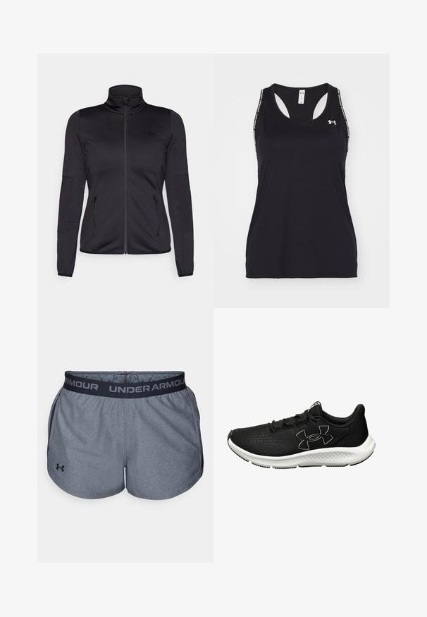 Musta vetoketjullu takki korkealla kauluksella, valmistettu sileästä ja joustavasta kankaasta, jossa on kaksi vetoketjullista etutaskua ja teksturoituja hihoja.; Mustan urheilu-toppi, jossa on avara kaula-aukko ja urheilullinen takaosa. Sisältää logon ja kuvioidut hihnat. Valmistettu kevyestä ja hengittävästä materiaalista.; Harmaat urheilushortsit, joissa on musta joustava vyötärönauha ja "UNDER ARMOUR" -logo. Valmistettu teksturoidusta kankaasta, jossa on sileä pinta.; Mustikka urheilukengät, joissa on verkkomainen pintakuvio, valkoinen väliosa ja musta kumipohja. Varustettu mustilla nauhoilla ja logolla sivussa.