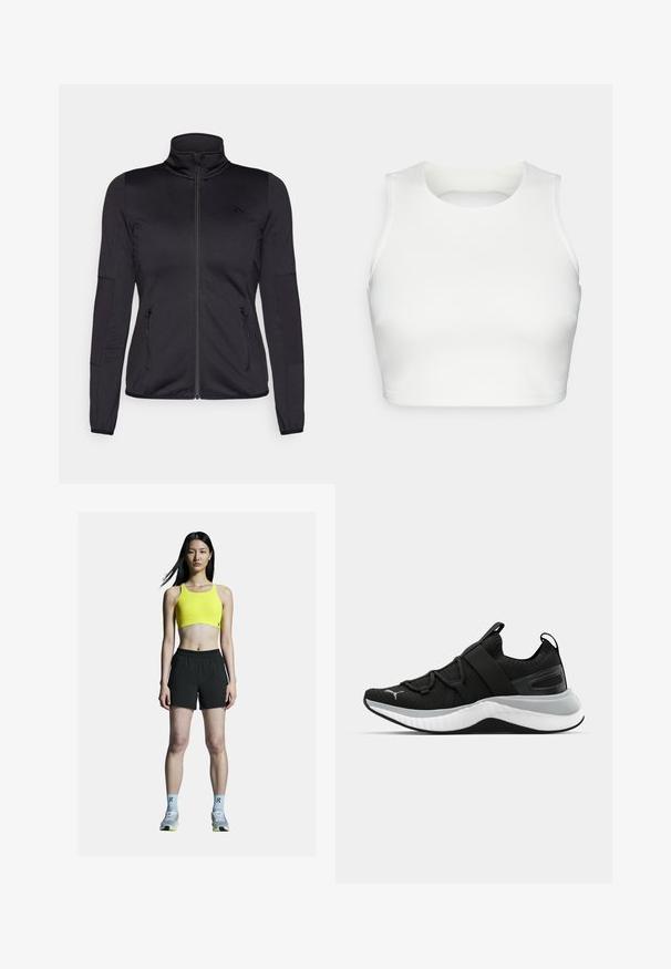 Black zip-up jacket with a high collar, constructed from smooth, stretchy fabric, featuring two zippered front pockets and textured sleeves.; White sleeveless crop top made of smooth fabric, featuring a round neckline and an open back design, with neat stitching along the edges.; Yellow sports bra with a cropped design, paired with black athletic shorts. Features gray shoes with yellow accents and light blue socks.; Black athletic shoe with a textured upper, elastic straps, and a thick white midsole. Features a grey accent along the sole.