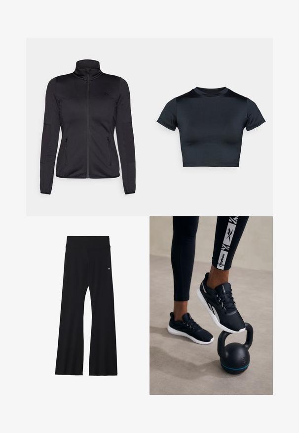 Juoda zip-up striukė su aukštu apykakle, pagaminta iš lygaus, elastingo audinio, turinti dvi užtrauktukais uždaromas priekinės kišenes ir tekstūruotas rankoves.; Tamsiai mėlynas trumpomis rankovėmis crop topas, pagamintas iš lygaus, tamprios medžiagos. Suapvalinta iškirptė ir minimalūs siuvimo detalės. Logotipų nėra.; Juodi išsiplėtę jogos tamprės iš elastingos medžiagos, su plačiu juosmeniu ir mažuoju logotipu šalia klubo. Lygus paviršius, be raštų.; Juodi sportiniai bateliai su tekstūruotu viršumi, balta padas ir pilkų akcentų, padėti ant juodo ketlebelo su mėlynu dryžiu, prieš neutralų foną.