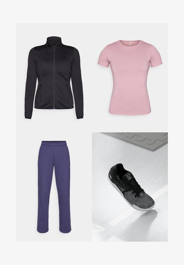 Fekete cipzáras dzseki magas gallérral, sima, rugalmas anyagból készült, elöl két cipzáras zsebbel és texturált ujakkal.; Rövid ujjú, puha rózsaszín póló, texturált anyagból, testhez simuló fazonnal. Kerek nyakkivágással és díszítés nélküli standard aljúval rendelkezik.; Lilás szabadidőnadrág, rugalmas derékkal, egyenes szabással és puha pamut keverék anyaggal. Nincsenek látható minták vagy fémrészletek.; Fekete sportcipő texturált, mintás hálós felsőrésszel, fekete fűzőkkel és fehér talppal. A Reebok logója a nyelvén és az oldalán található.