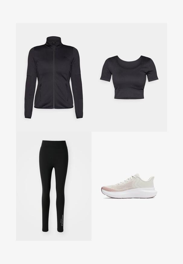 Čierna zipsová bunda s vysokým golierom, vyrobená z hladkého, elastického materiálu, so zipsovými prednými vreckami a štruktúrovanými rukávmi.; Čierny rebrovaný krátky top s krátkymi rukávmi, širokým okrúhlym výstrihom a fitted pásom na dne. Mäkká textúra, ležérny dizajn.; Čierne legíny vyrobené z elastického materiálu. Vysoký pás so hladkým povrchom. Na dolnej časti nohy je biele písmo s nápisom "ATHELEISURE."; Ľahké atletické topánky s priedušným bielym sieťovaným zvrškom, gradientovými ružovými akcentmi a hrubou bielou podrážkou s textúrovanými detailmi.