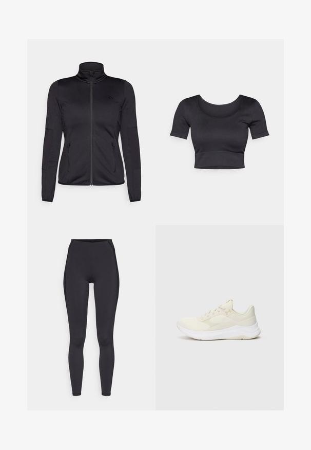 Giacca zip-up nera con colletto alto, realizzata in un tessuto liscio e elasticizzato, dotata di due tasche frontali con zip e maniche strutturate.; Top corto a coste nero con maniche corte, scollatura rotonda ampia e fascia aderente nella parte inferiore. Tessuto morbido, design informale.; Leggings neri a vita alta realizzati in materiale elasticizzato. Presentano una texture liscia, una vestibilità slim e dettagli di cucitura discreti lungo i lati.; Scarpe sportive chiare, realizzate in rete e materiali sintetici, con una tomaia testurizzata, suola ammortizzata e un branding sobrio.