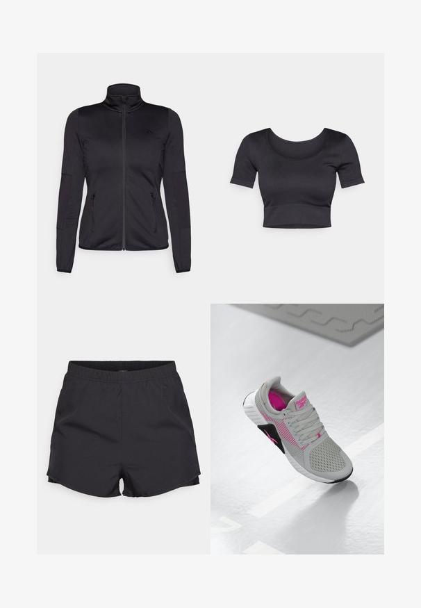 Juoda zip-up striukė su aukštu apykakle, pagaminta iš lygaus, elastingo audinio, turinti dvi užtrauktukais uždaromas priekinės kišenes ir tekstūruotas rankoves.; Juodas raštuotas trumpas viršus su trumpomis rankovėmis, plačiu apvaliu iškirpimu ir prigludusia juosta apačioje. Minkšta tekstūra, laisvalaikio dizainas.; ONLY Play ONPSPACE LIFE LOOSE SHORTS - Sportiniai šortai - black/pumice stone; Pilkas ir rožinis Reebok sportinis kedas su tinkleliu viršuje ir detaliu padu, rodoma ant atspindinčio balto paviršiaus.