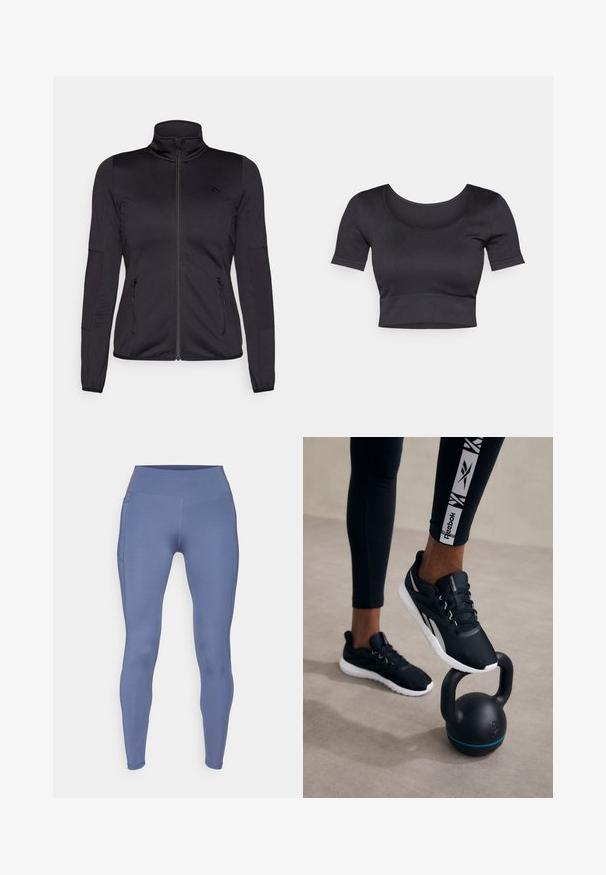 Černá bunda na zip s vysokým límcem, vyrobená z hladkého, elastického materiálu, se dvěma předními kapsami na zip a texturovanými rukávy.; Černý žebrovaný top s krátkými rukávy, širokým kulatým výstřihem a přiléhavým lemem na spodní části. Měkká textura, neformální design.; ONLY Play ONPJAM-2-FONT - Punčochy - vintage indigo; Černé sportovní boty s texturovaným svrškem, bílou podrážkou a šedými akcenty, umístěné na černém kettlebellu s modrým pruhem, na neutrálním pozadí.