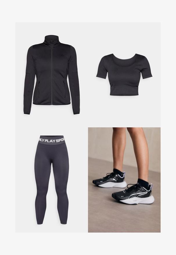 Must ehk üles tõmmatav jakk, millel on kõrge krae, valmistatud siledast ja venivast kangast, millel on kaks lukuga esikotid ja tekstureeritud varrukad.; Must have rõngaste ja lühikeste varrukatega must ribakujundusega topsi, millel on lai ümar dekoltee ja madal vöökoht. Pehme tekstuur, juhuslik disain.; Kõrge vöökoht tumedates hallides legginsites, millel on veniv kangas, laia vöökoha ribaga, millel on kontrastsetes valgetes tähtedes "ONLY PLAY SPORT".; Mustad mustredsneakerid valgete aktsentidega, võrgust pealsed, paelad ja pehmendatud kand. Omab tekstureeritud tallat, mis tagab haarde.
