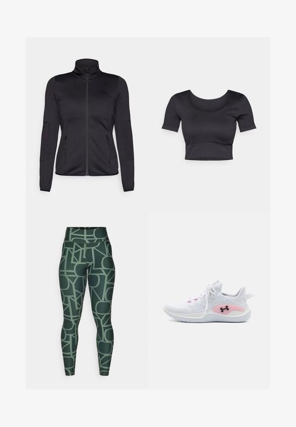 Black zip-up jacket with a high collar, constructed from smooth, stretchy fabric, featuring two zippered front pockets and textured sleeves.; Black ribbed cropped top with short sleeves, wide round neckline, and a fitted band at the bottom. Soft texture, casual design.; High-waisted green leggings featuring a geometric pattern in muted tones. Made from stretchy, smooth fabric with a fitted silhouette.; White athletic sneaker with pink accent and black Under Armour logo, knit upper, and white sole shown from left side.