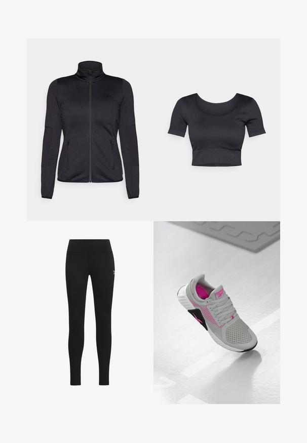 Giacca zip-up nera con colletto alto, realizzata in un tessuto liscio e elasticizzato, dotata di due tasche frontali con zip e maniche strutturate.; Top corto a coste nero con maniche corte, scollatura rotonda ampia e fascia aderente nella parte inferiore. Tessuto morbido, design informale.; Leggings neri realizzati in materiale elasticizzato con una superficie liscia, caratterizzati da una cintura ampia e un piccolo logo vicino all'anca.; Sneaker atletica Reebok grigia e rosa con tomaia in mesh e suola dettagliata, esposta su una superficie bianca riflettente.