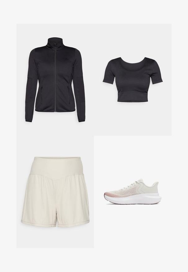 Must ehk üles tõmmatav jakk, millel on kõrge krae, valmistatud siledast ja venivast kangast, millel on kaks lukuga esikotid ja tekstureeritud varrukad.; Must have rõngaste ja lühikeste varrukatega must ribakujundusega topsi, millel on lai ümar dekoltee ja madal vöökoht. Pehme tekstuur, juhuslik disain.; Heledad beežid lühikesed püksid, millel on tekstuuriga ribast vöökoht, voolav disain ja mugav lõige. Omavad tõmblustikku ja külgsluuke paindlikkuse jaoks.; Kerged sportlikud jalanõud hingava valge sissetöödeldud võrgu pealmise osaga, gradient roosa aktsendiga ja paksu valge tallaga, millel on tekstuuriga detailid.