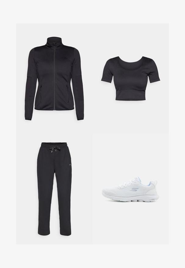 Černá bunda na zip s vysokým límcem, vyrobená z hladkého, elastického materiálu, se dvěma předními kapsami na zip a texturovanými rukávy.; Černý žebrovaný top s krátkými rukávy, širokým kulatým výstřihem a přiléhavým lemem na spodní části. Měkká textura, neformální design.; ONLY Play ONPPENNY LIFE BRUSH - Teplákové kalhoty - black detail/silver; Bílé sportovní boty s prodyšným síťovaným svrškem, světle modrými akcenty a polstrovanou podrážkou s texturovaným gripem.