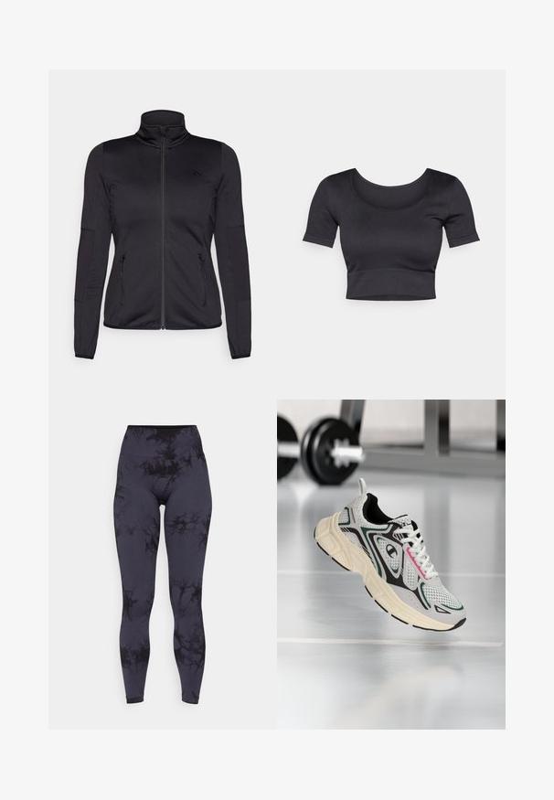 Jachetă neagră cu fermoar, cu guler înalt, confecționată dintr-un material neted și elastic, având două buzunare frontale cu fermoar și mâneci texturate.; Top crogat negru cu nervuri, cu mâneci scurte, guler larg rotund și o bandă ajustată la baza acestuia. Textură moale, design casual.; Leggings cu talie înaltă, realizate dintr-un material elastic, având un model tie-dye în nuanțe de negru și gri închis, cu o textură fină și lungime până la gleznă.; Pantofii sport albi cu partea superioară din plasă, accente negre și verzi, detalii roz, intermediar gros de culoare crem și talpă exterioară texturată de culoare neagră.