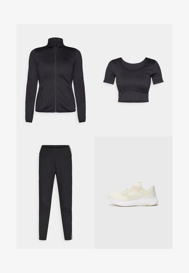 Melns zip-up jakas ar augstu apkakli, izgatavota no gludas, elastīgas auduma, ar divām kabatām priekšpusē ar rāvējslēdzējiem un teksturētām piedurknēm.; Melnas ribotas īsās piedurknes apgrieztais tops ar plašu apaļu dekoltē un pieguļošu joslu apakšā. Maiga tekstūra, ikdienišķs dizains.; Melnas legiņas, izgatavotas no elastīga materiāla. Augsts jostasvieta, pieguļošs piegriezums, ar baltām sānu svītrām gar ārējām šuvēm. Gluda tekstūra.; Gaišas sporta apavi, kas izgatavoti no sietveida un sintētiskiem materiāliem, ar teksturētu augšdaļu, mīkstu zoli un nelielu zīmolu logo.