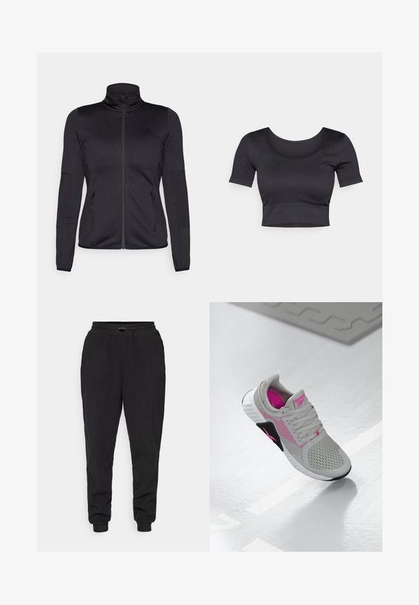 Zwarte zip-up jas met hoge kraag, gemaakt van een gladde, rekbare stof, met twee met rits gesloten voorzakken en gestructureerde mouwen.; Zwarte geribde cropped top met korte mouwen, brede ronde halslijn en een aansluitende band aan de onderkant. Zachte textuur, casual ontwerp.; Zwarte sweatpants van zacht materiaal, met een relaxte pasvorm, een elastische tailleband met verstelbare trekkoord en aangehouden enkels.; Grijze en roze Reebok sport sneakers met een bovenkant van mesh en gedetailleerde zolen, uitgestald op een reflecterend wit oppervlak.