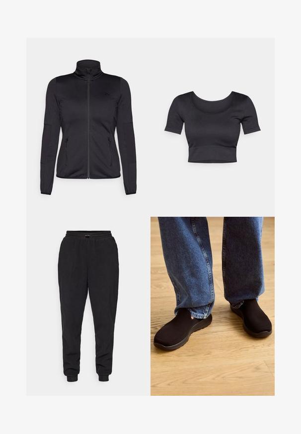 Zwarte zip-up jas met hoge kraag, gemaakt van een gladde, rekbare stof, met twee met rits gesloten voorzakken en gestructureerde mouwen.; Zwarte geribde cropped top met korte mouwen, brede ronde halslijn en een aansluitende band aan de onderkant. Zachte textuur, casual ontwerp.; Zwarte sweatpants van zacht materiaal, met een relaxte pasvorm, een elastische tailleband met verstelbare trekkoord en aangehouden enkels.; Zwarte instappers met een gestructureerde mesh bovenkant en een gevoerde zool, gecombineerd met losse, blauwe denim jeans op een houten vloer.