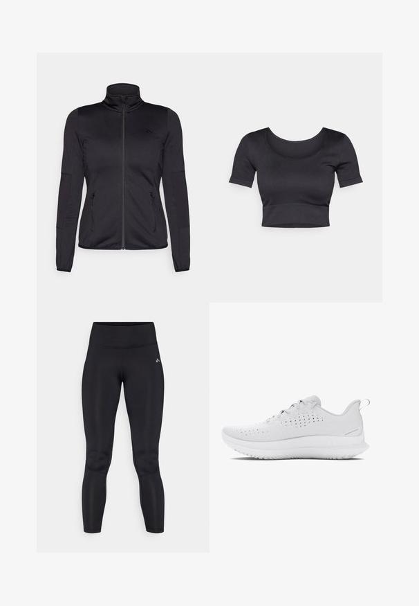 Črna jakna na zadrgo z visokim ovratnikom, izdelana iz gladkega, raztegljivega materiala, z dvema sprednjima žepoma na zadrgo in teksturiranimi rokavi.; Črn rebrast kratek top s kratkimi rokavi, širokim okroglim vratnim izrezom in prilegajočim trakom na dnu. Mehka tekstura, sproščen dizajn.; Črne legice z gladkim, raztegljivim materialom, visokim pasom in ravnimi šivi. Brez vidnih vzorcev ali kovinskih detajlov.; Svetlo sivi atletski čevlji z teksturiranim zgornjim delom, perforacijami za zračnost ter gumijastim podplatom z izrazitim profilom.