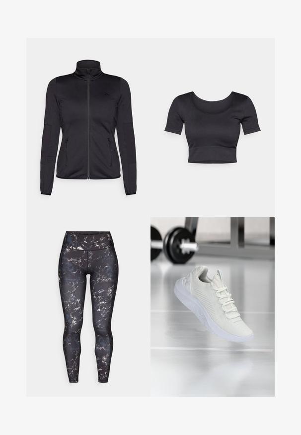 Veste noire zippée avec un col haut, fabriquée à partir d'un tissu lisse et extensible, dotée de deux poches avant zippées et de manches texturées.; Crop top noir à côtes avec des manches courtes, un large col rond et une bande ajustée en bas. Texture douce, design décontracté.; Leggings taille haute en noir avec un motif marbré dans des couleurs douces. Matière lisse et extensible avec des coutures contrastantes et sans matériel visible.; Sneaker de sport blanche avec une tige en maille texturée et un système de laçage, dotée d'une semelle blanche rembourrée et de subtiles accents striés.