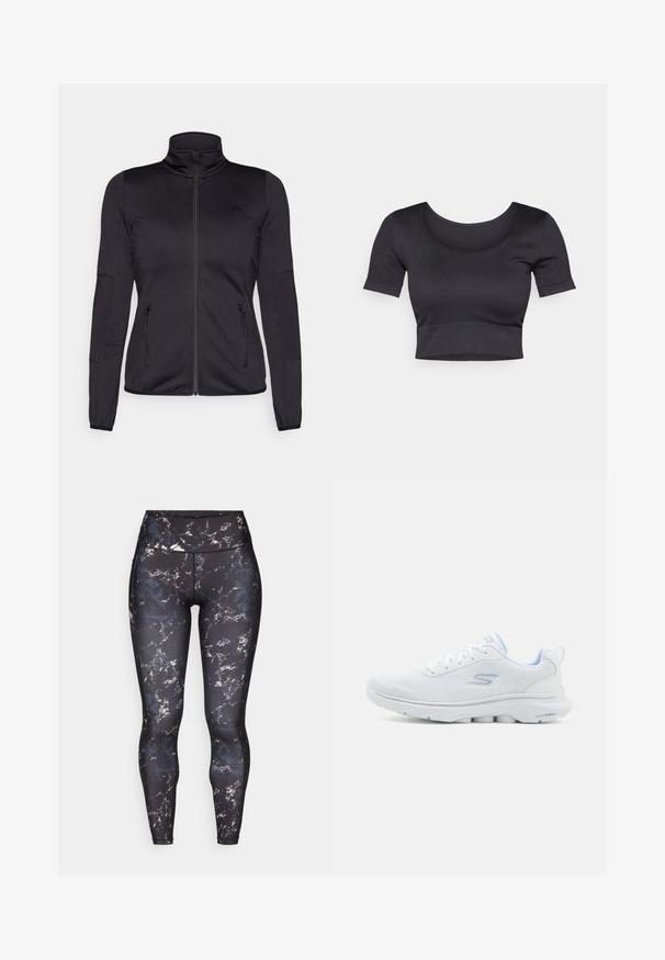 Musta vetoketjullu takki korkealla kauluksella, valmistettu sileästä ja joustavasta kankaasta, jossa on kaksi vetoketjullista etutaskua ja teksturoituja hihoja.; Mustan ribattu lyhythihainen crop-top, jossa on leveä pyöreä pääntie ja tiukka vyötäröosa. Pehmeä rakenne, rento suunnittelu.; Korkeat vyötäröleggingsit mustalla pohjalla, jossa on marmoroitua kuviointia hillityissä väreissä. Liukas, joustava materiaali, jossa on kontrastiväriset ompeleet eikä näkyvää kiinnitysmateriaalia.; Valkoiset urheilukengät, joissa on hengittävä verkkomateriaali, vaaleansinisiä yksityiskohtia ja pehmustettu pohja, jossa on teksturoitu pinta.