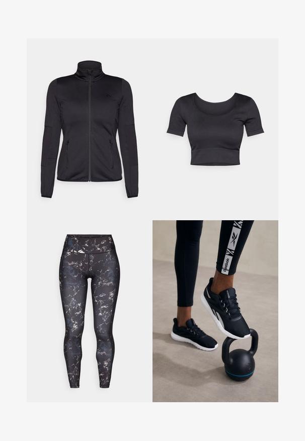 Czarna kurtka na zamek z wysokim kołnierzem, wykonana z gładkiego, elastycznego materiału, posiadająca dwie kieszenie z przodu na zamek oraz fakturowane rękawy.; Czarny prążkowany krótki top z krótkimi rękawami, szerokim okrągłym dekoltem i dopasowanym paskiem na dole. Miękka tekstura, casualowy design.; Legginsy o wysokim stanie w czarnym kolorze z marmurkowym wzorem w stonowanych kolorach. Gładki, elastyczny materiał z kontrastowym przeszyciem i bez widocznych elementów metalowych.; Czarne buty sportowe z fakturowaną cholewką, białą podeszwą i szarymi akcentami, umieszczone na czarnym kettlebellu z niebieskim paskiem, na neutralnym tle.