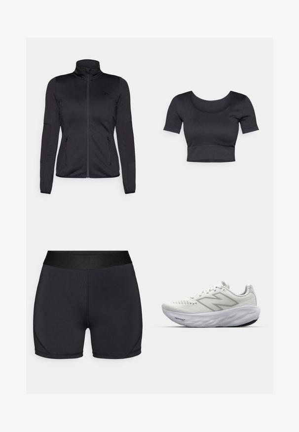 Svart zip-up jacka med hög krage, tillverkad av mjukt, stretchigt tyg, med två fickor framtill som stängs med dragkedja och texturerade ärmar.; Svart ribbad kort topp med korta ärmar, bred rund halsringning och en figurnära nederdel. Mjuk textur, avslappnad design.; Svarta träningsshorts med en slät yta, bred elastisk midja och böjda sömmar. Tillverkade av stretchtvättbart, fukttransporterande tyg.; Vita sportskor i vitt med ovandel i mesh, utrustade med en vadderad krage, texturerad sula och "Fresh Foam"-logotyp på mellansulan.