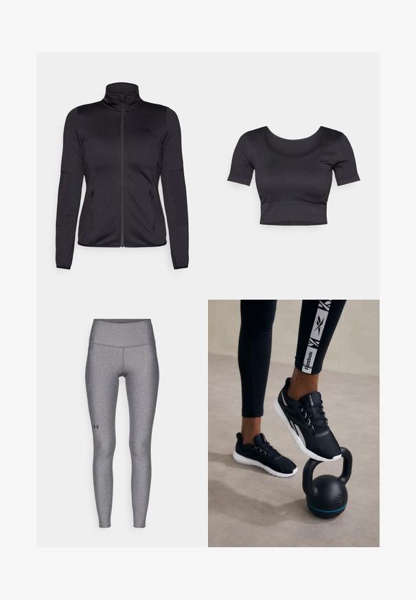 Melns zip-up jakas ar augstu apkakli, izgatavota no gludas, elastīgas auduma, ar divām kabatām priekšpusē ar rāvējslēdzējiem un teksturētām piedurknēm.; Melnas ribotas īsās piedurknes apgrieztais tops ar plašu apaļu dekoltē un pieguļošu joslu apakšā. Maiga tekstūra, ikdienišķs dizains.; Pelēki sporta legingi ar augstu jostas vietu, gludu tekstūru un smalku mirdzumu, ar mazu melnu logo uz apakšējās kājas.; Melni sporta apavi ar struktūrētu augšdaļu, balto zoli un pelēkiem akcentiem, novietoti uz melna kettlebella ar zilā svītru, uz neitrāla fona.