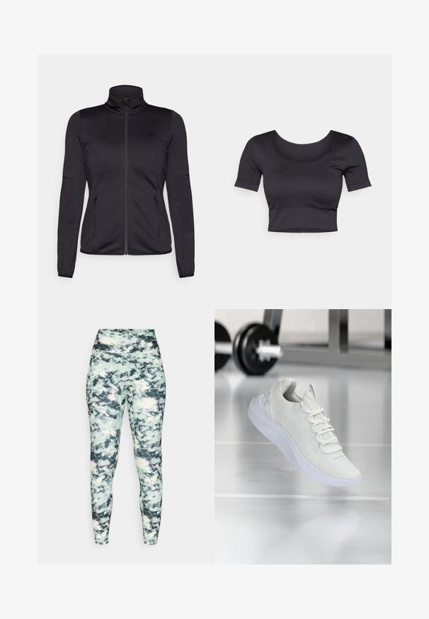 Juoda zip-up striukė su aukštu apykakle, pagaminta iš lygaus, elastingo audinio, turinti dvi užtrauktukais uždaromas priekinės kišenes ir tekstūruotas rankoves.; Juodas raštuotas trumpas viršus su trumpomis rankovėmis, plačiu apvaliu iškirpimu ir prigludusia juosta apačioje. Minkšta tekstūra, laisvalaikio dizainas.; Aukštakulnės legging'ės su daugiabriaunio marmuro raštu; turi lygią tekstūrą ir prigludusią siluetą, užtikrinantį sraigtinę paramą.; Balti sportiniai batai su tekstūruota tinklelio viršutine dalimi ir raištelių sistema, turintys paminkštintą baltą pado ir subtilius įdubimus.