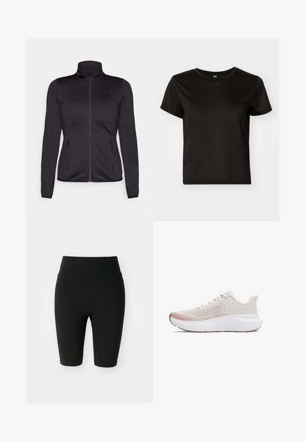 Črna jakna na zadrgo z visokim ovratnikom, izdelana iz gladkega, raztegljivega materiala, z dvema sprednjima žepoma na zadrgo in teksturiranimi rokavi.; Črna kratka majica s kratkimi rokavi, izdelana iz gladkega materiala, z okroglim izrezom in sproščenim krojem. Vključuje minimalne oblikovalske podrobnosti.; Črne kolesarske kratke hlače iz raztegljive tkanine, z visokim pasom in brezšivnim dizajnom. Dolžina sega tik nad koleno.; Lahki atletski čevlji z zračnim belim mrežastim zgornjim delom, gradientnimi roza akcenti in debelim belim podplatom z teksturiranimi detajli.