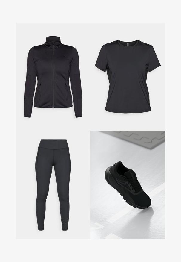 Črna jakna na zadrgo z visokim ovratnikom, izdelana iz gladkega, raztegljivega materiala, z dvema sprednjima žepoma na zadrgo in teksturiranimi rokavi.; Črna kratka majica s kratkimi rokavi, izdelana iz gladkega, lahkega materiala z okroglim izrezom in sproščenim krojem. Brezšivna konstrukcija za udobje.; Črne legice iz raztegljivega materiala, z visokim pasom, elegantnim dizajnom in črtastimi detajli blizu gležnja.; Črne športne čevlje z mrežasto zgornjim delom, okroglo konico, oblazinjenim podplatom in teksturiranimi detajli, postavljeni na gladko belo površino.