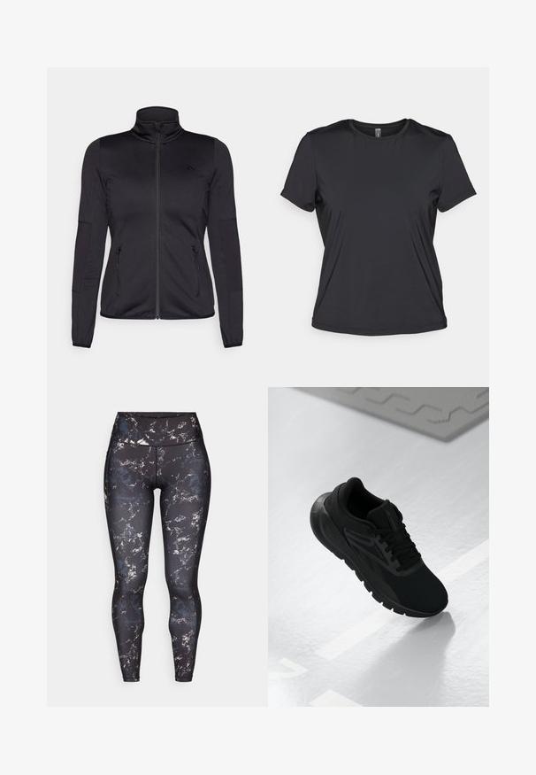 Zwarte zip-up jas met hoge kraag, gemaakt van een gladde, rekbare stof, met twee met rits gesloten voorzakken en gestructureerde mouwen.; Zwarte T-shirt met korte mouwen, gemaakt van gladde, lichte stof met een ronde halslijn en een ontspannen pasvorm. Naadloze constructie voor comfort.; Hooggewaardeerde leggings in een zwarte basis met een gemarmerd patroon in gedempte kleuren. Glad, rekbaar materiaal met contrasterende stiksels en geen zichtbare hardware.; Zwarte sportschoen met een bovenwerk van mesh, ronde neus, cushioned zool en textuuraccenten, geplaatst op een gladde witte ondergrond.