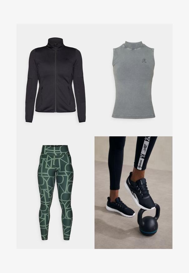 Zwarte zip-up jas met hoge kraag, gemaakt van een gladde, rekbare stof, met twee met rits gesloten voorzakken en gestructureerde mouwen.; Grijze geribde tanktop met een hoge hals en mouwloos ontwerp. Heeft een klein geborduurd logo op de borst en een aansluitende pasvorm.; Hoge taille groene legging met een geometrisch patroon in gedempte kleuren. Gemaakt van rekbare, gladde stof met een getailleerde pasvorm.; Zwarte sportieve schoenen met een gestructureerde bovenkant, witte zool en grijze accenten, geplaatst op een zwarte kettlebell met een blauwe streep, tegen een neutrale achtergrond.