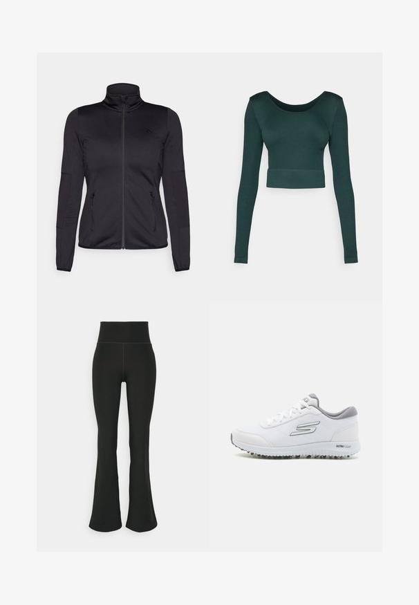 Giacca zip-up nera con colletto alto, realizzata in un tessuto liscio e elasticizzato, dotata di due tasche frontali con zip e maniche strutturate.; Maglione a maniche lunghe cropped di un verde scuro con una texture a coste, scollo ampio e orlo aderente. Nessun motivo o decorazione presente.; Leggings neri a zampa d'elefante con vita alta, realizzati in materiale elastico. Texture liscia con dettagli di cucitura minimi.; Scarpe sportive bianche con tomaia in mesh testurizzato, dettagli in argento e una suola leggera con piccoli tacchetti per la trazione, etichettate "ULTRA FLIGHT."