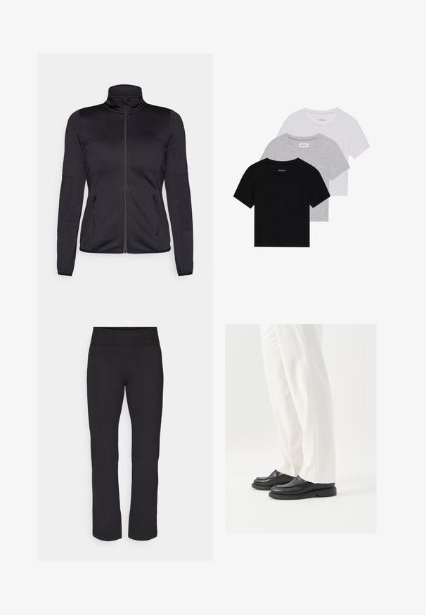 Black zip-up jacket with a high collar, constructed from smooth, stretchy fabric, featuring two zippered front pockets and textured sleeves.; Set of three short-sleeve t-shirts in black, gray, and white. Made from cotton, featuring a crew neck and a simple, solid color design.; Black leggings with a smooth, stretchy fabric and a wide waistband. They have straight, full-length legs and no visible patterns or accents.; Black leather loafers with a smooth texture, stitch detailing, and a rounded toe, paired with white tailored pants.