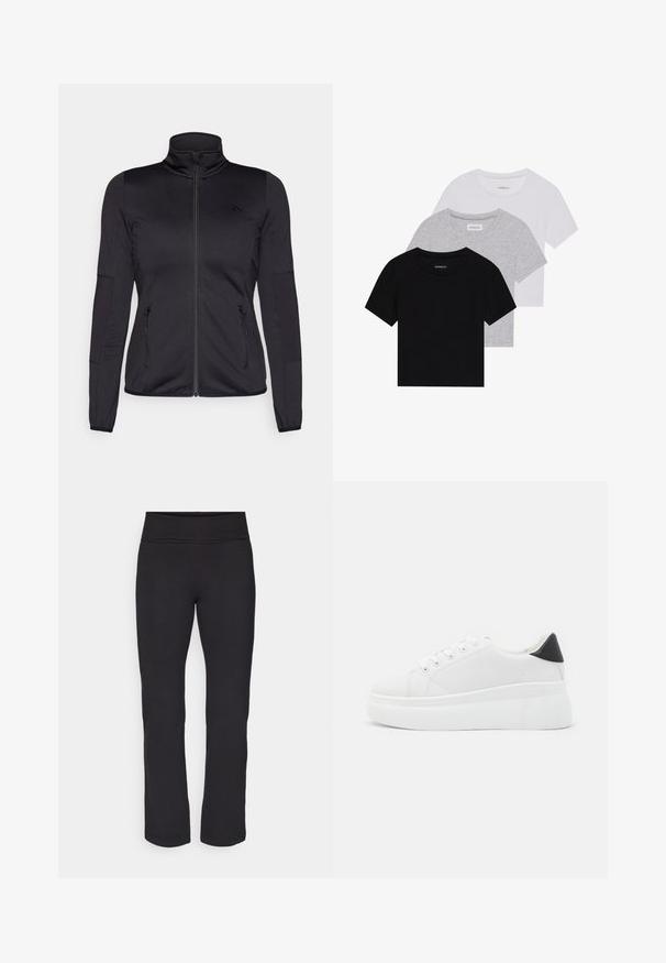 Schwarze Zip-Jacke mit hohem Kragen, gefertigt aus glattem, dehnbarem Material, mit zwei vorderen Reißverschlusstaschen und strukturierten Ärmeln.; Set aus drei kurzärmeligen T-Shirts in Schwarz, Grau und Weiß. Hergestellt aus Baumwolle, mit Rundhalsausschnitt und einem einfachen, einfarbigen Design.; Schwarze Leggings aus einem glatten, dehnbaren Stoff und mit einem breiten Bund. Sie haben gerade, glatte Beine in voller Länge und keine sichtbaren Muster oder Akzente.; Weiße Plateausneaker aus glattem Kunstmaterial, mit runder Zehenform, Schnürdesign und einer strukturierten Gummisohle. Schwarzer Fersenakzent.